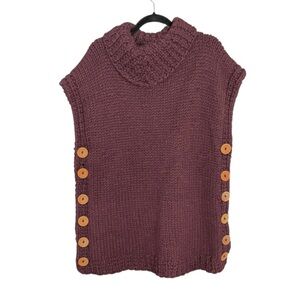 HAND KNIT Chunky Knit Wool Poncho Turtleneck Cowl Neck Sweater Burgundy